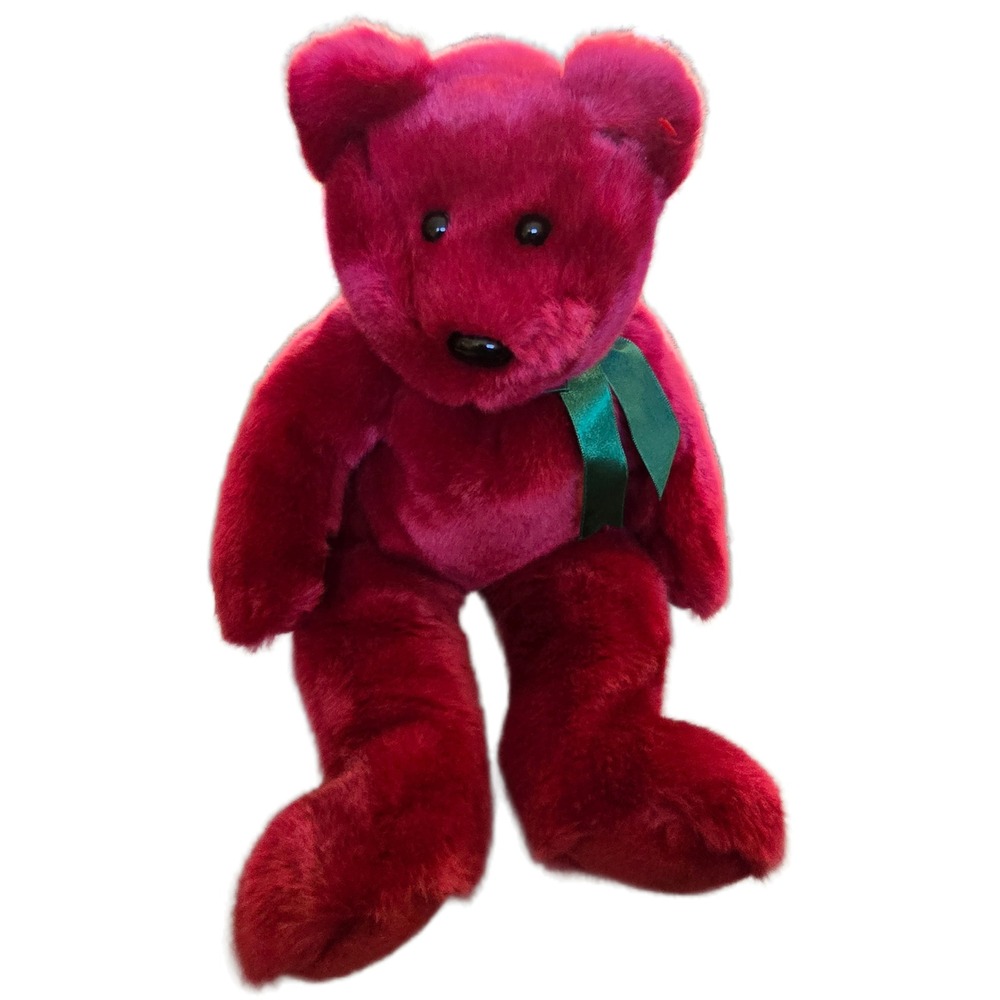 Ty Beanie Buddy Cranberry Teddy Bear Magenta Pink Plush Green Ribbon 1998‎ Large